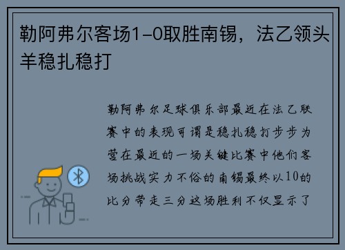 勒阿弗尔客场1-0取胜南锡，法乙领头羊稳扎稳打